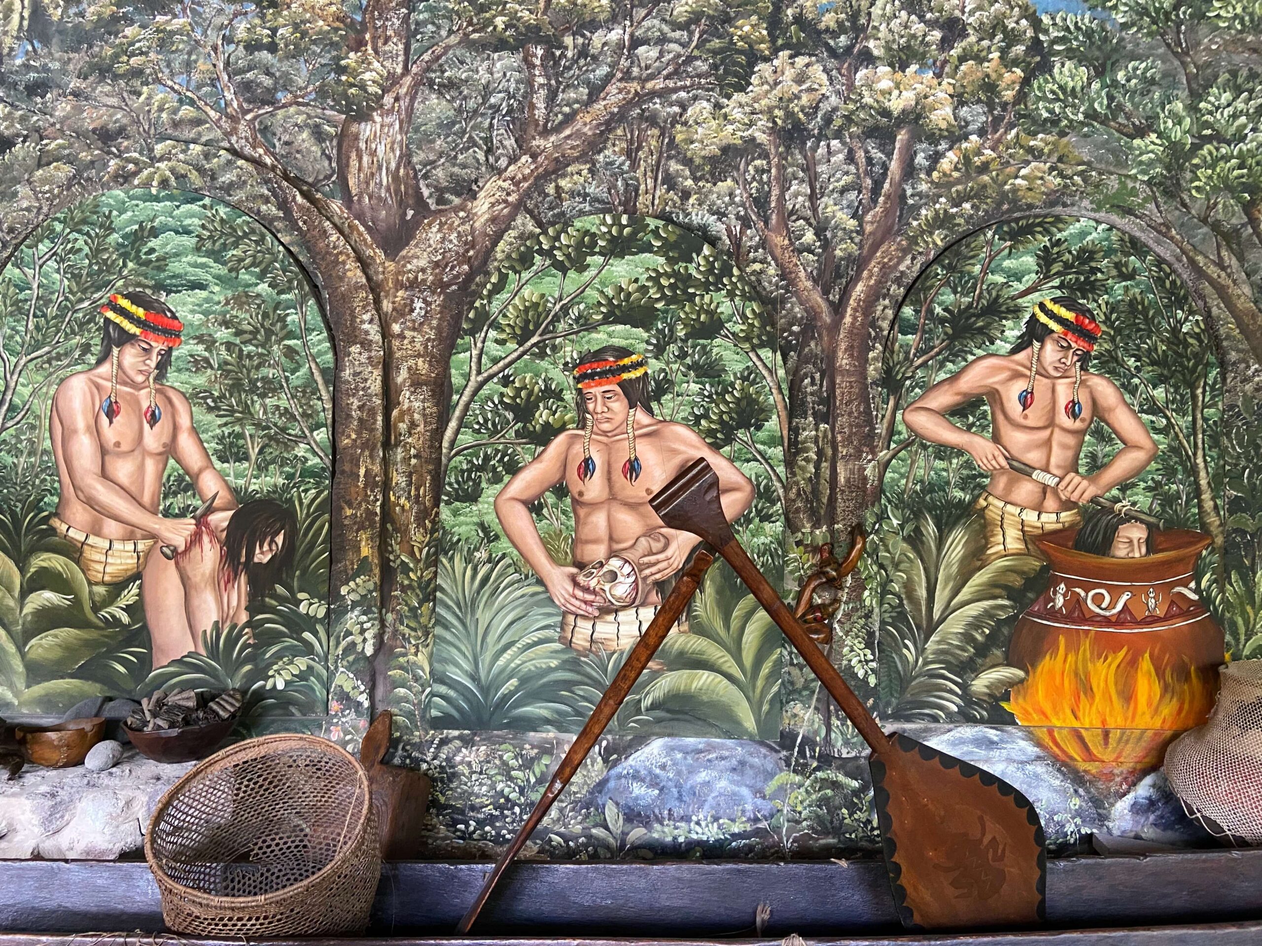 Painting of Indigenous Amazon Tribes shrinking a human head