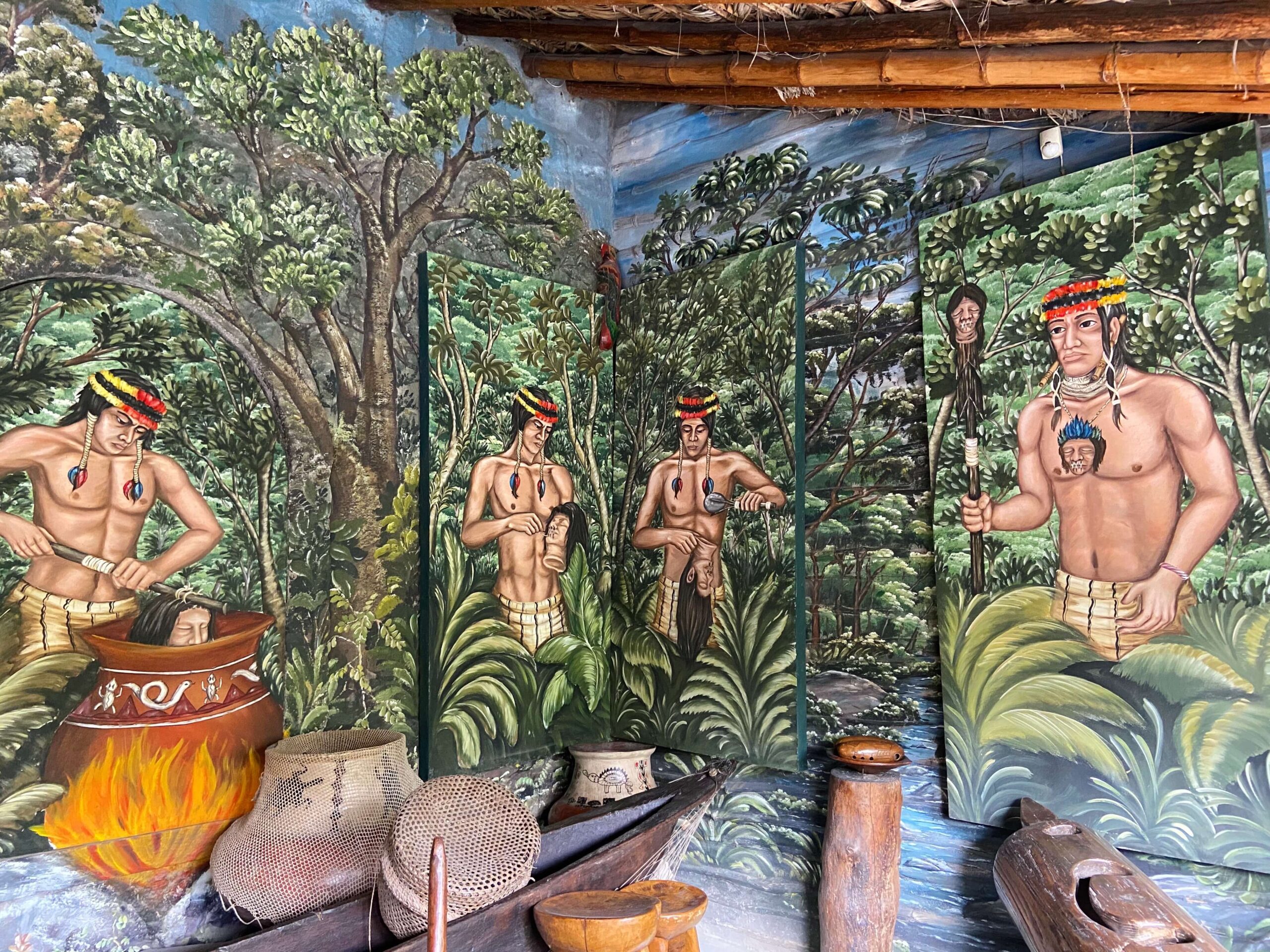Painting of Indigenous Amazon Tribes shrinking a human head