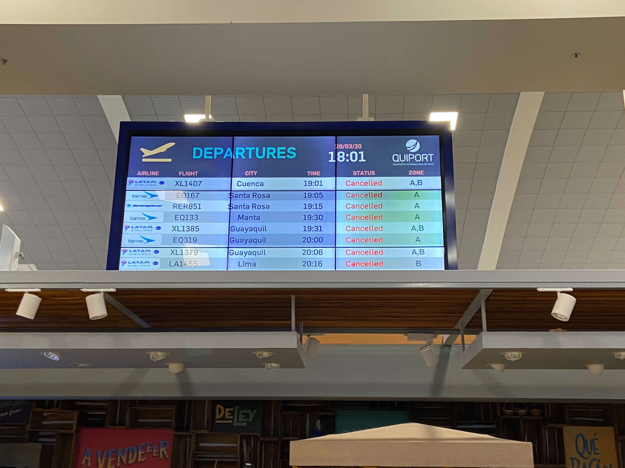 Cancellations Screen in Quito Airport